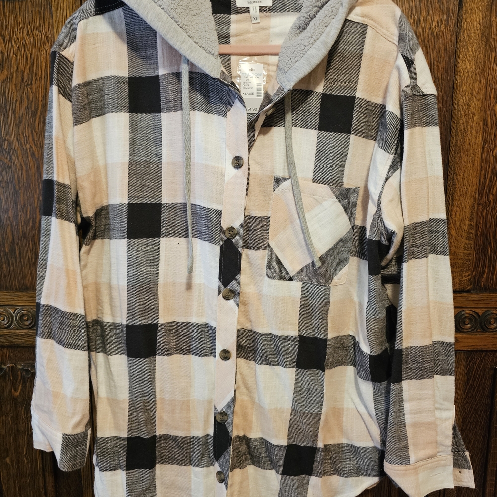 NWT Maurices Plaid Flannel With Sherpa-Lined Hood